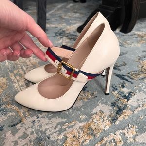 Gucci Sylvie Cream Heels with Red and Blue Strap